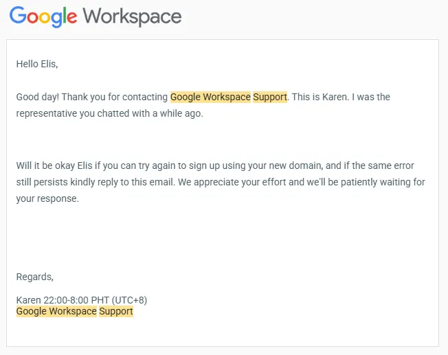 Response by the Google Workspace support team