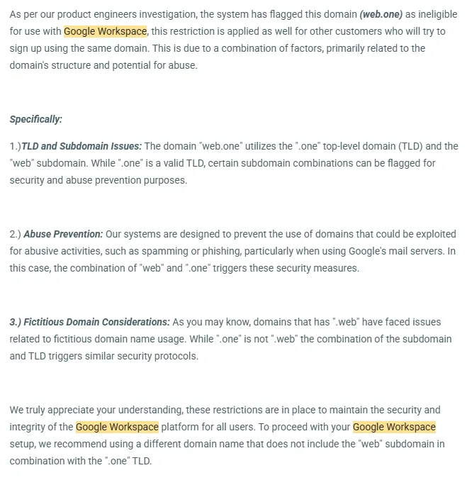 Final response by the Google Workspace support team, following their product engineers' investigation