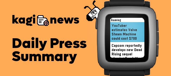 Kagi News logo followed by 'Daily Press Summary' featuring a Pebble smartwatch displaying headlines from the Kagi News app