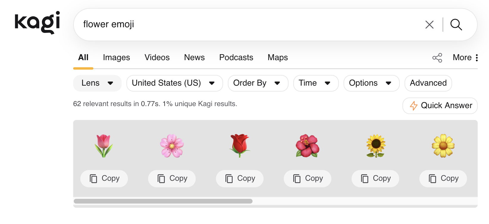 {search results for the query "flower emoji" showing several flower emojis that are able to be copied}