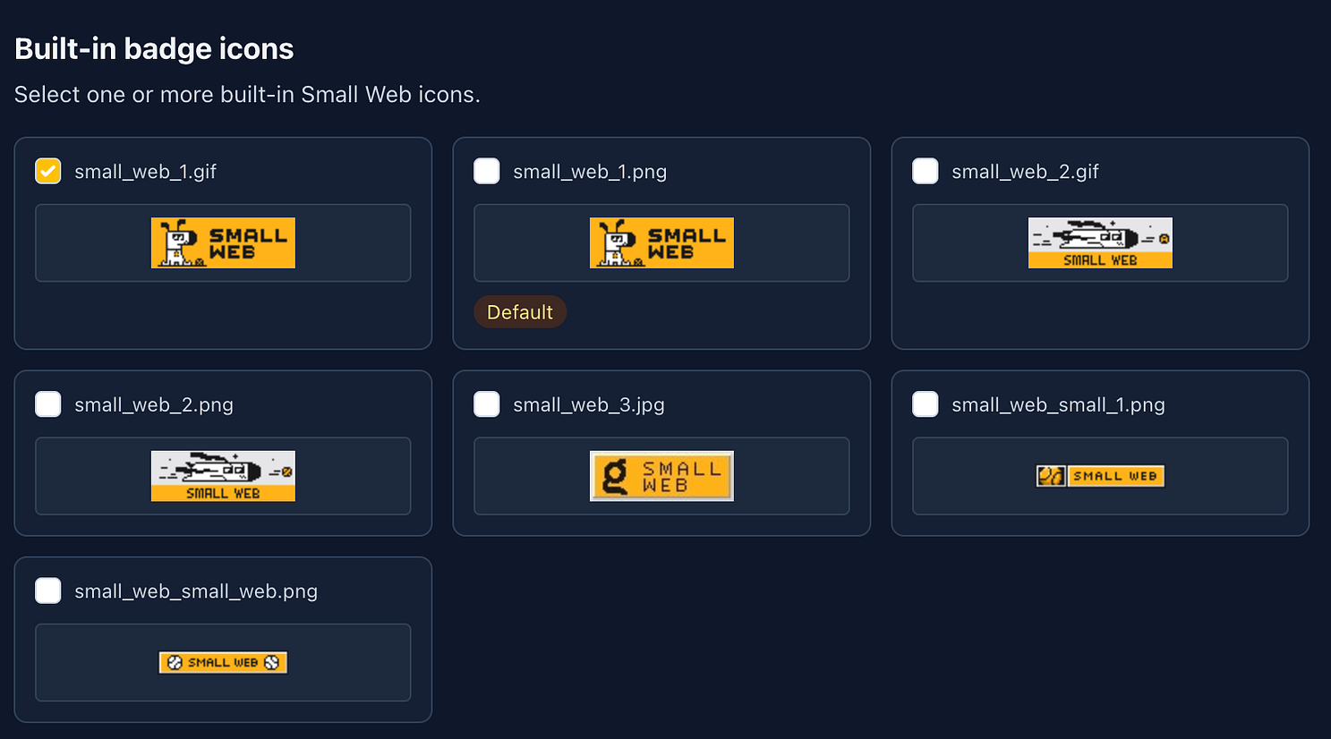 Settings panel for selecting built-in Small Web badge icons, showing seven pixel-art badge variants in different sizes and styles with selectable checkboxes.