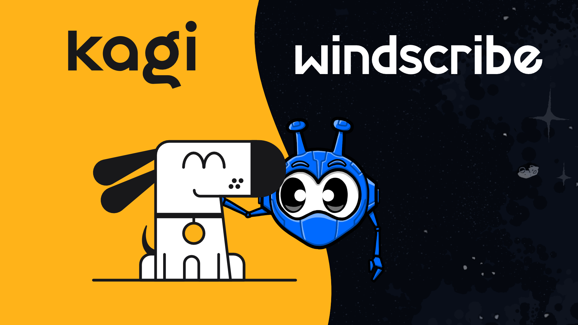 Illustrated mascots of both Kagi, a cartoon dog, and Windscribe, a small robot character, alongside the logos of both companies