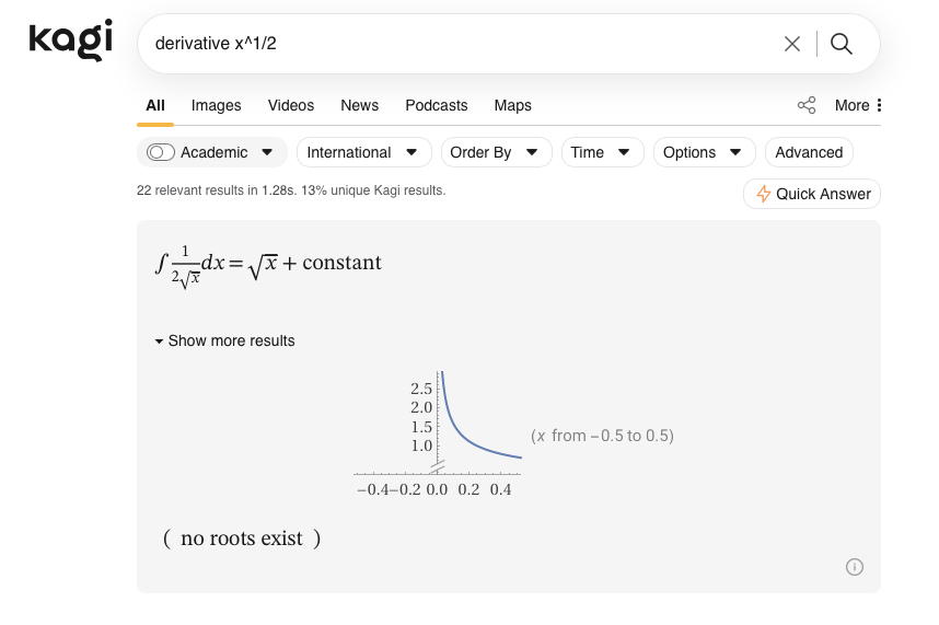 Kagi search results for 'derivative x ^ 1/2' showing a math widget with the integral of 1/(2√x) dx = √x + constant, a small plot of the function near x = 0, and the note 'no roots exist.'