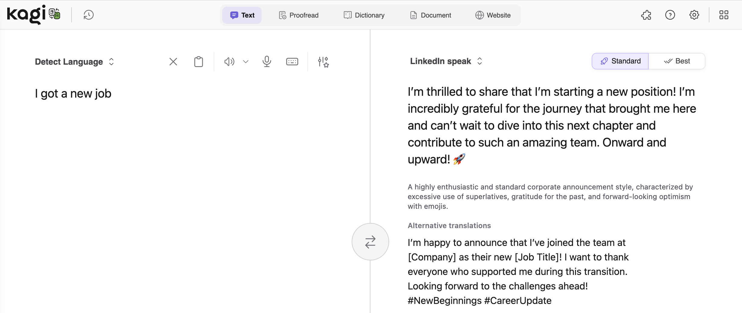 Screenshot of Kagi's translation tool translating 'I got a new job; into 'LinkedIn speak' producing an overly enthusiastic corporate-style announcement with superlatives, gratitude, and a rocket emoji.