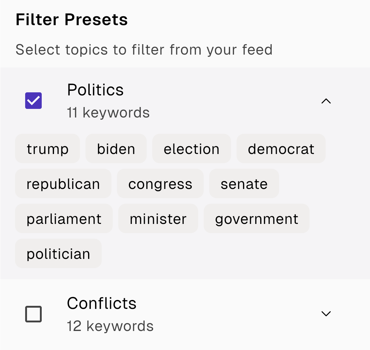 Filter Presets interface for selecting feed topics. Politics section is checked and expanded, showing 11 keywords including trump, biden, election, democrat, republican, congress, senate, parliament, minister, government, and politician. Conflicts section is unchecked and collapsed, showing 12 keywords available