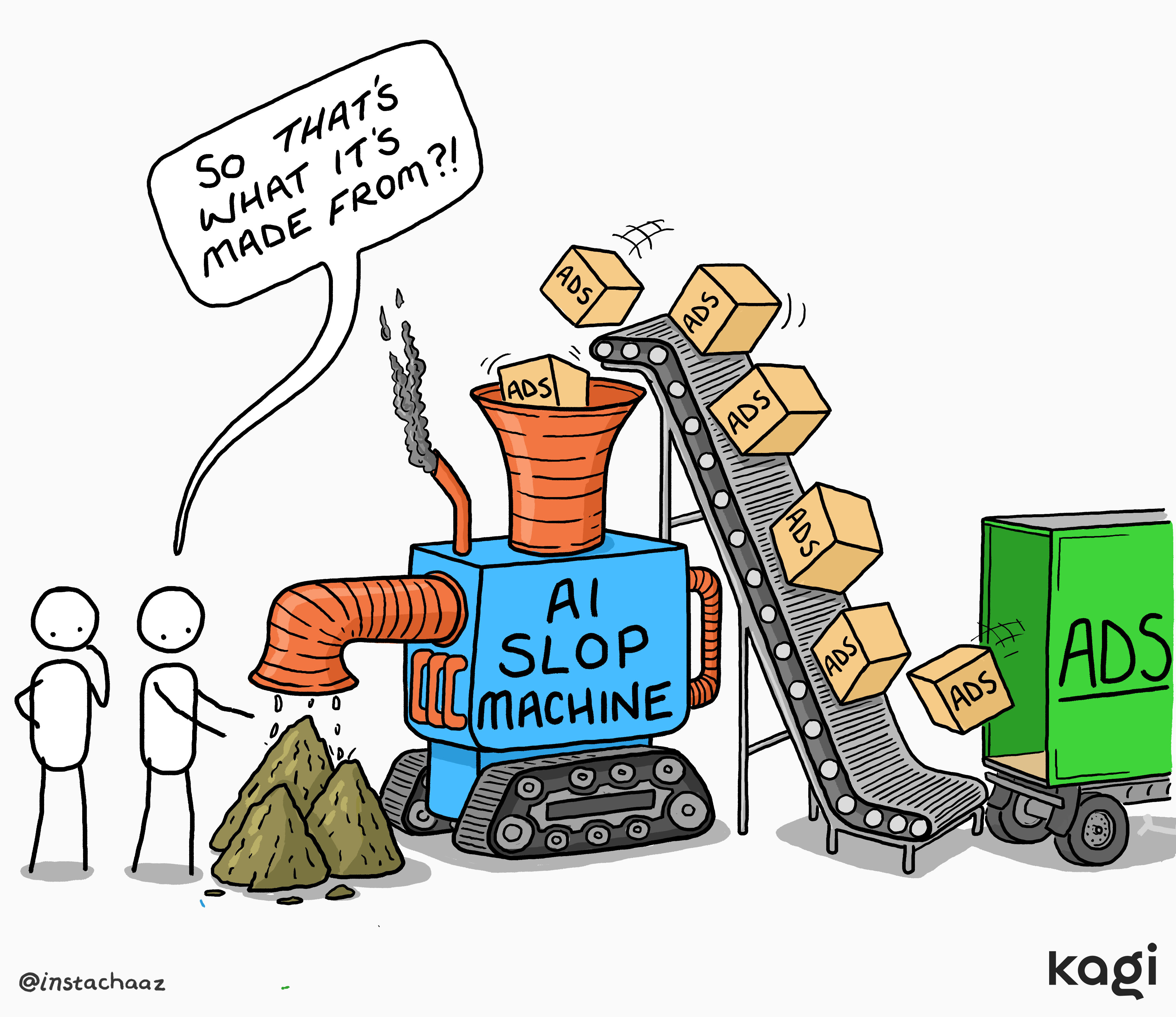 Comic showing an "AI Slop Machine" fed by boxes labeled "ADS" via conveyor belt, spewing out piles of slop, while stick figures watch in disgust saying "So THAT'S what it's made from?!"