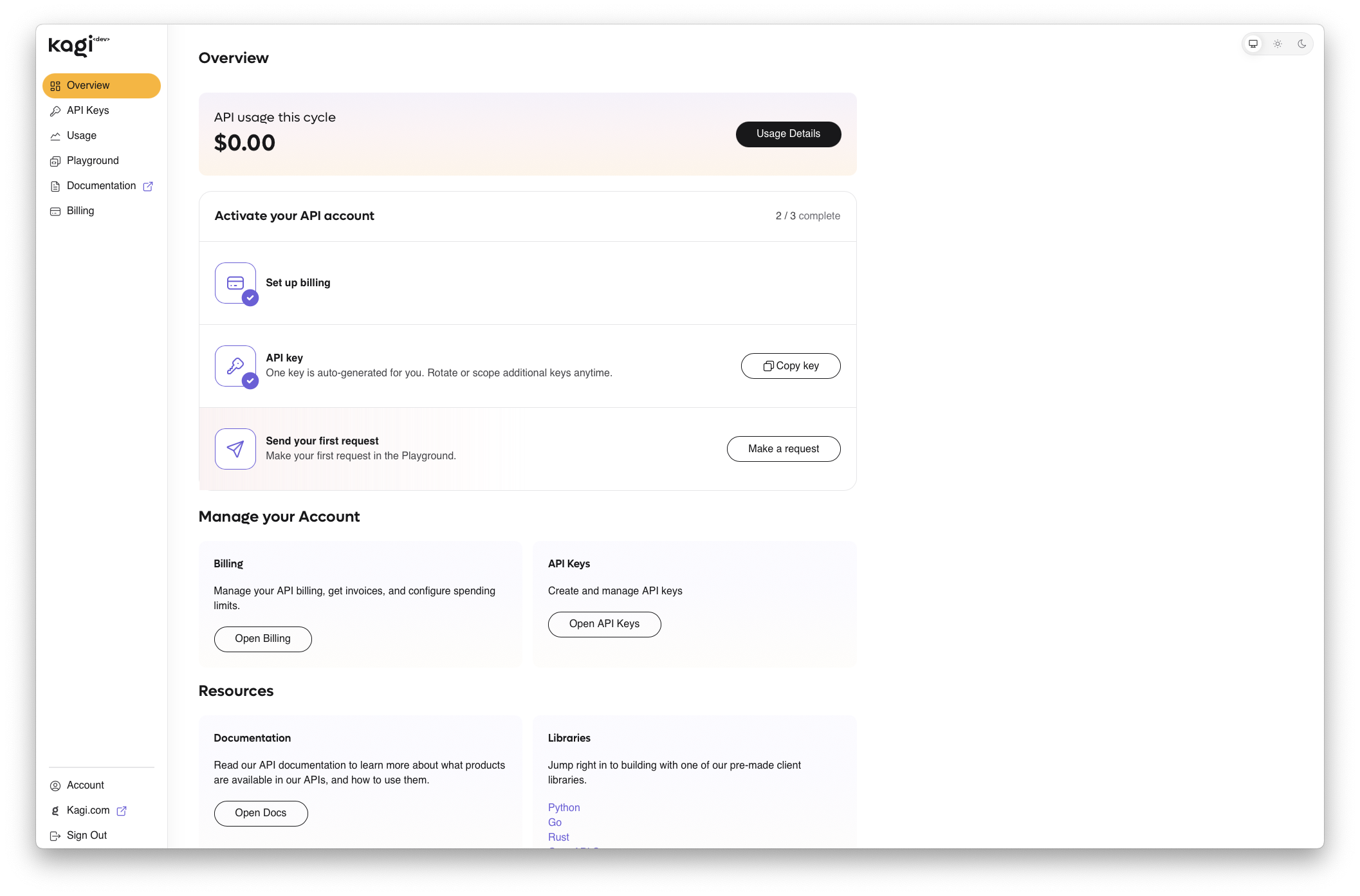 Kagi API developer dashboard Overview page