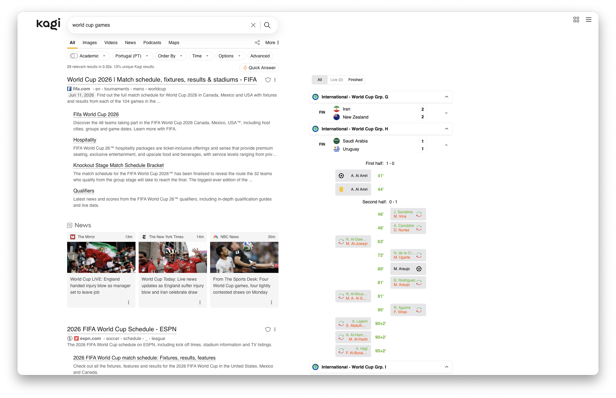 A screenshot of a Kagi search results page for `world cup games` displaying FIFA World Cup 2026 scheduling information and a side panel showing live and finished match results for various international groups.