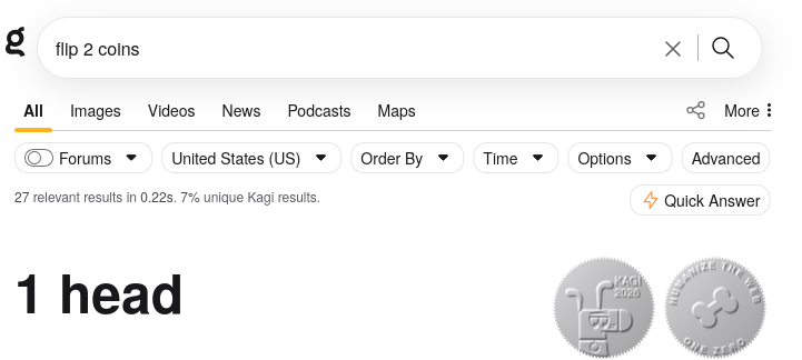 Kagi search results page for the query 'flip 2 coins' displaying a widget that reads '1 head' alongside two illustrated coins.