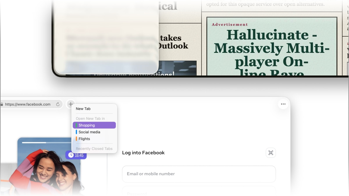 Browser window showing the Facebook login page with a container menu open offering options to open a new tab in different containers such as Shopping, Social media, or Flights.