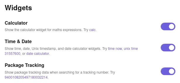 Settings page titled 'Widgets' listing three enabled toggle options: Calculator, Time & Date, and Package Tracking.