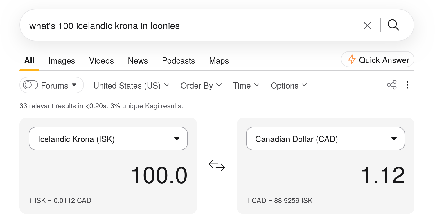 Kagi search results page for the query  displaying an inline currency converter showing 100 ISK equals 1.12 Canadian dollars.
