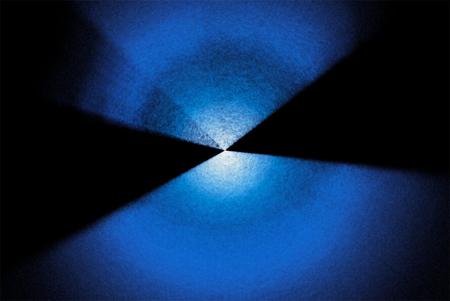 Two fans of blue and white dots extending up and down from center on a black background.