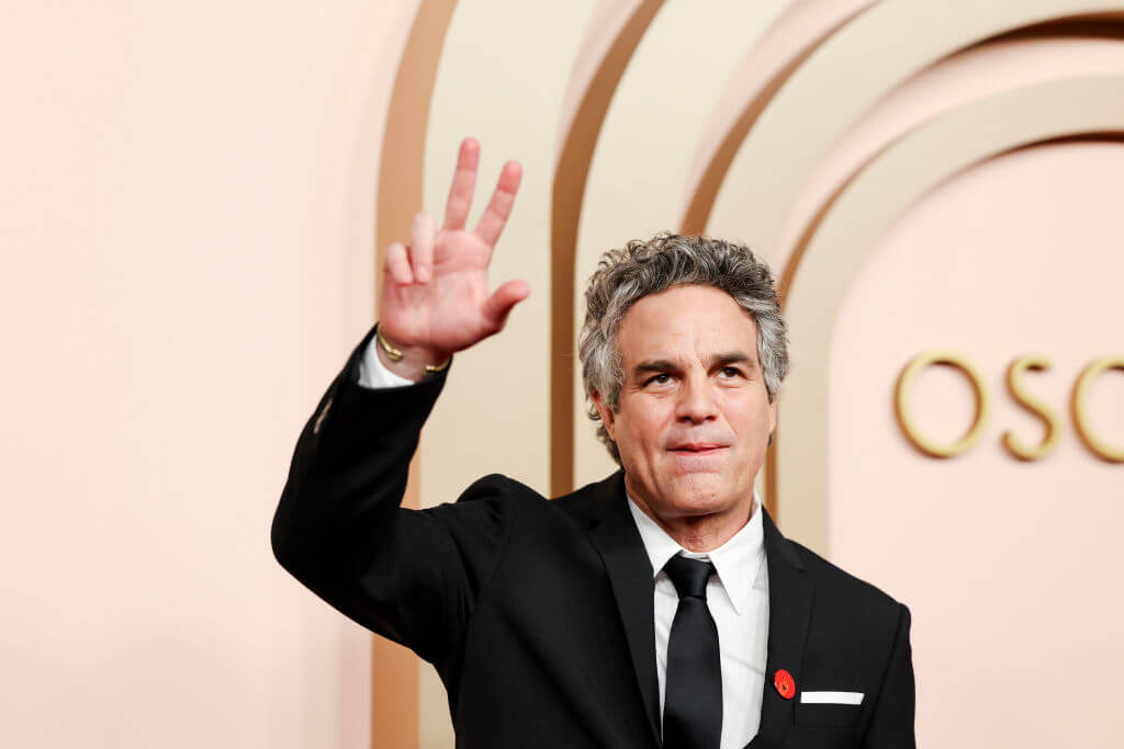 Mark Ruffalo at the 2024 Oscars Nominees Luncheon in Beverly Hills on Feb. 12, 2024. He is wearing a pin in support of Artists4Ceasefire.