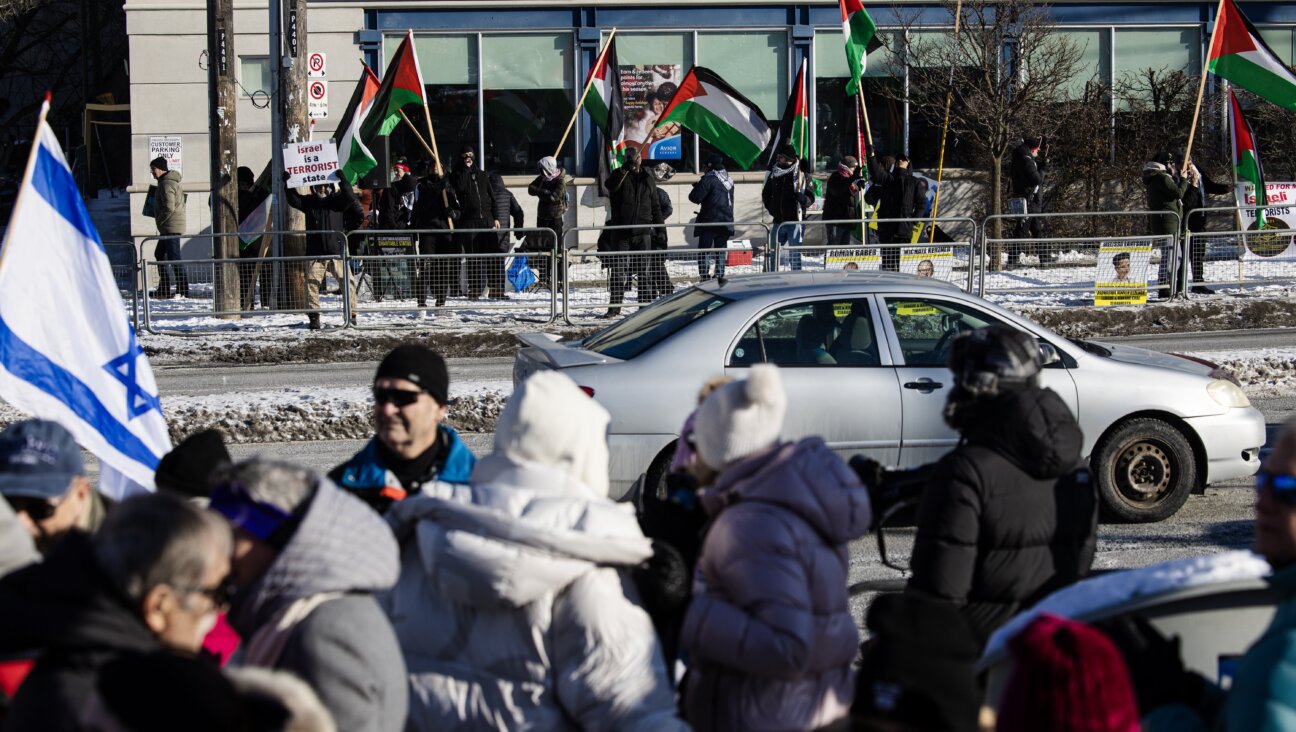 Pro-Palestinian protestors gather across from a Hanukkah event on the corner of Bathurst and Shepard.