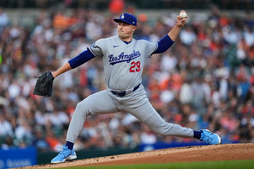 Los Angeles Dodgers pitcher Tarik Skubal throws against the Detroit Tigers.