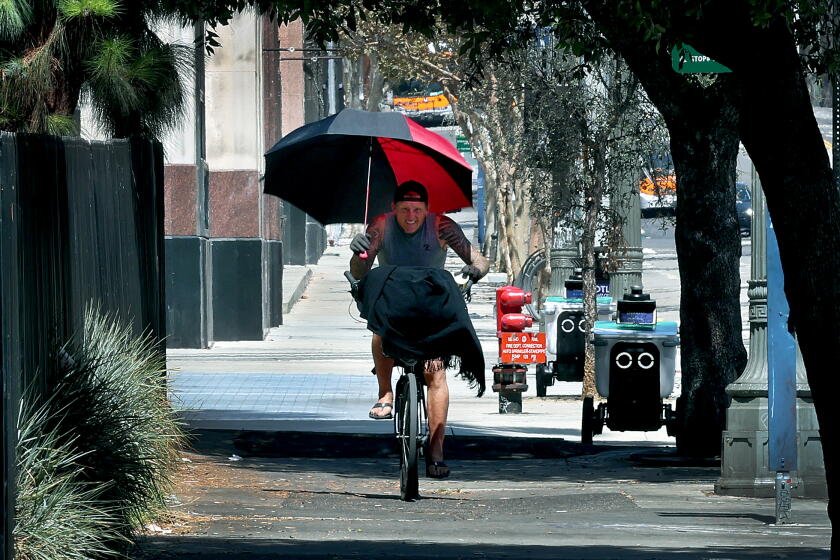 Los Angeles, CA - Aug. 25, 2026: A man rides his bike while shading himself from the intense sun and heat as he rides through downtown Los Angeles while Southern California remains in the grips of an extended heat wave, with some areas facing elevated wildfire risk because of hot weather, wind and low humidity, Tuesday, Aug. 25, 2026. (Allen J. Schaben / Los Angeles Times)