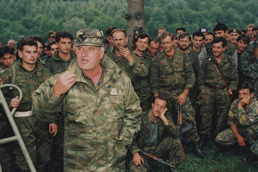 FILE - Bosnian Serb General Ratko Mladic speaks to soldiers near the Bosnian town of Cazin, Sept. 4, 1994. (AP Photo/Radivoje Pavicic, File)
