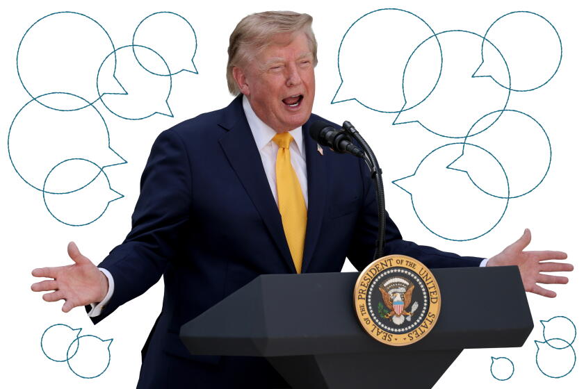 donald trump speaking at a podium and gesturing with his hands surrounded by speech balloons