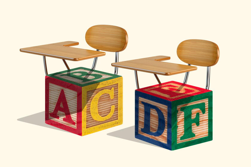 photo illustration of two school desks with alphabet blocks as the seats