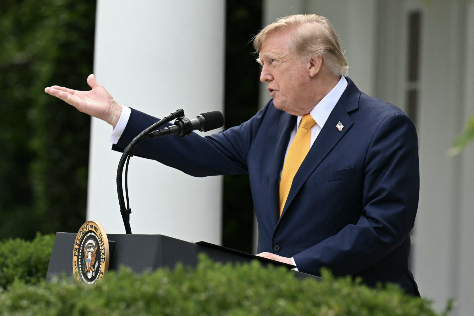 President Donald Trump speaks in the Rose Garden of the White House on Monday. 
