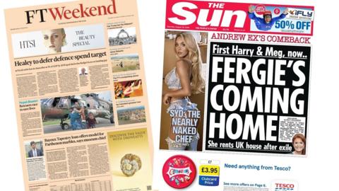 A composite of the front pages of the FT and the Sun on 29 August 2026.