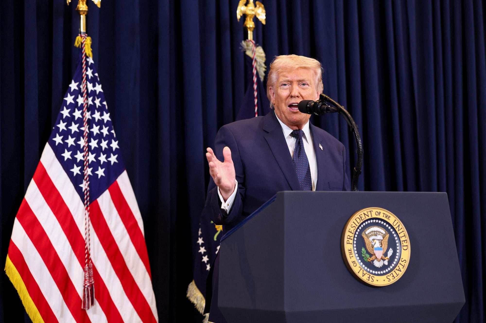 U.S. President Donald Trump speaks during a press conference at Trump National Doral Miami in Miami, Florida, U.S., March 9, 2026