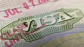 This photo illustration shows a visa stamp on a foreign passport in Los Angeles on June 6, 2020