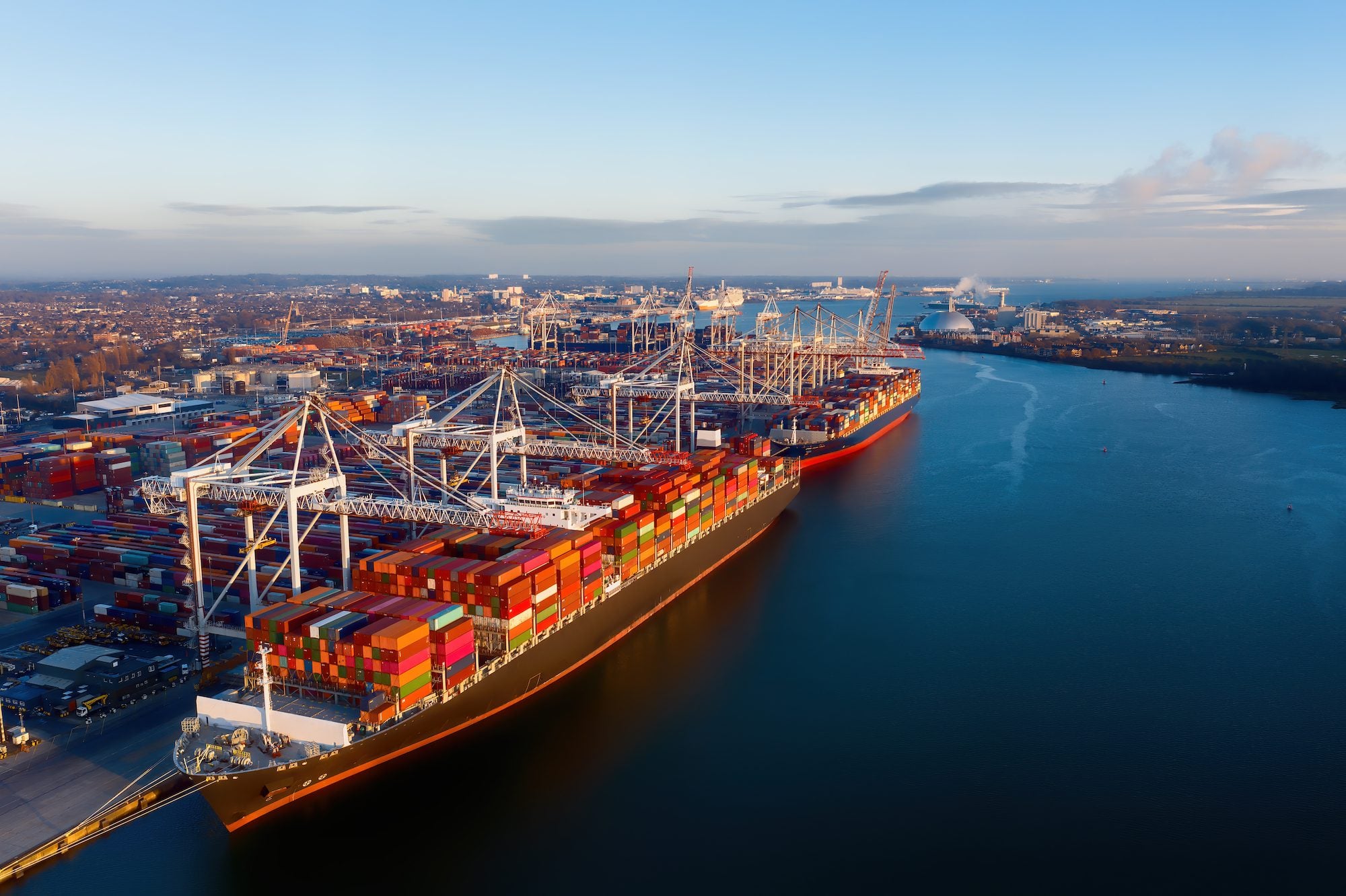 Aerial view of containerships at the port of Southampton