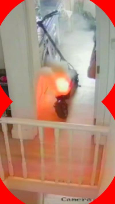 Stills from CCTV footage of an e-scooter on fire inside a flat.