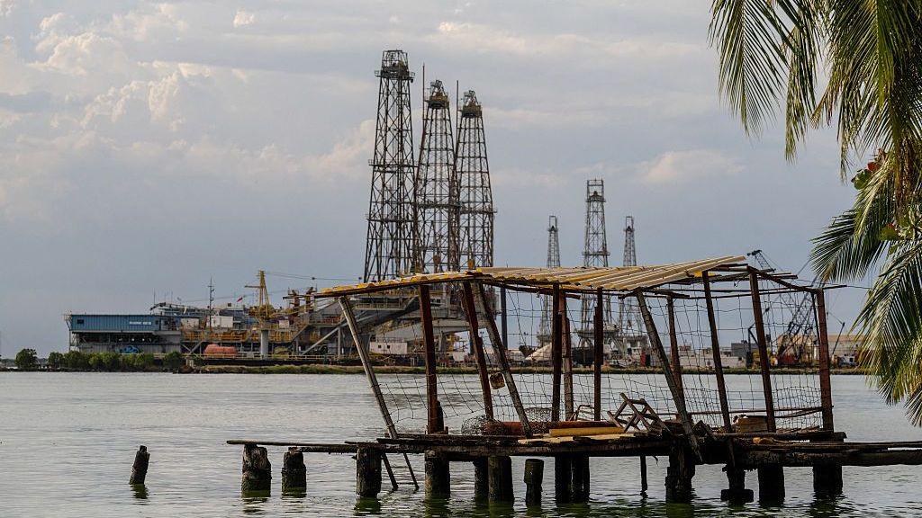 Oil rigs are pictured in Cabimas, south of Lake Maracaibo, Zulia State, Venezuela, on January 31, 2026. 
