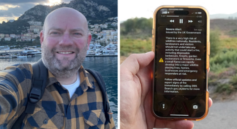 A man in a black and orange chequered shirt with bald hair stands in front of water, in a composite plit image next to a man holding a phone with a UK government emergency alert on it.