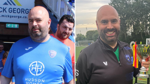 Two photos of Mark Hall. On the left he is walking onto a football pitch wearing a blue football kit. On the right he is smiling straight at the camera, holding a trophy ad wearing a black jumper over a green football top.