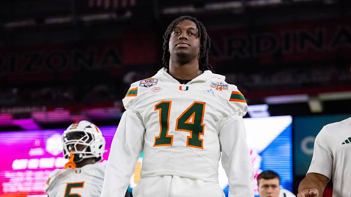 Jan 8, 2026; Glendale, AZ, USA; Miami Hurricanes defensive lineman Hayden Lowe (14) against the Mississippi Rebels during the 2026 Fiesta Bowl and semifinal game of the College Football Playoff at State Farm Stadium. Mandatory Credit: Mark J. Rebilas-Imagn Images
