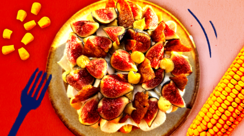A stylised image showing corn and various pieces of fruit
