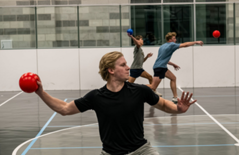 Three people playing dodgeball and throwing balls