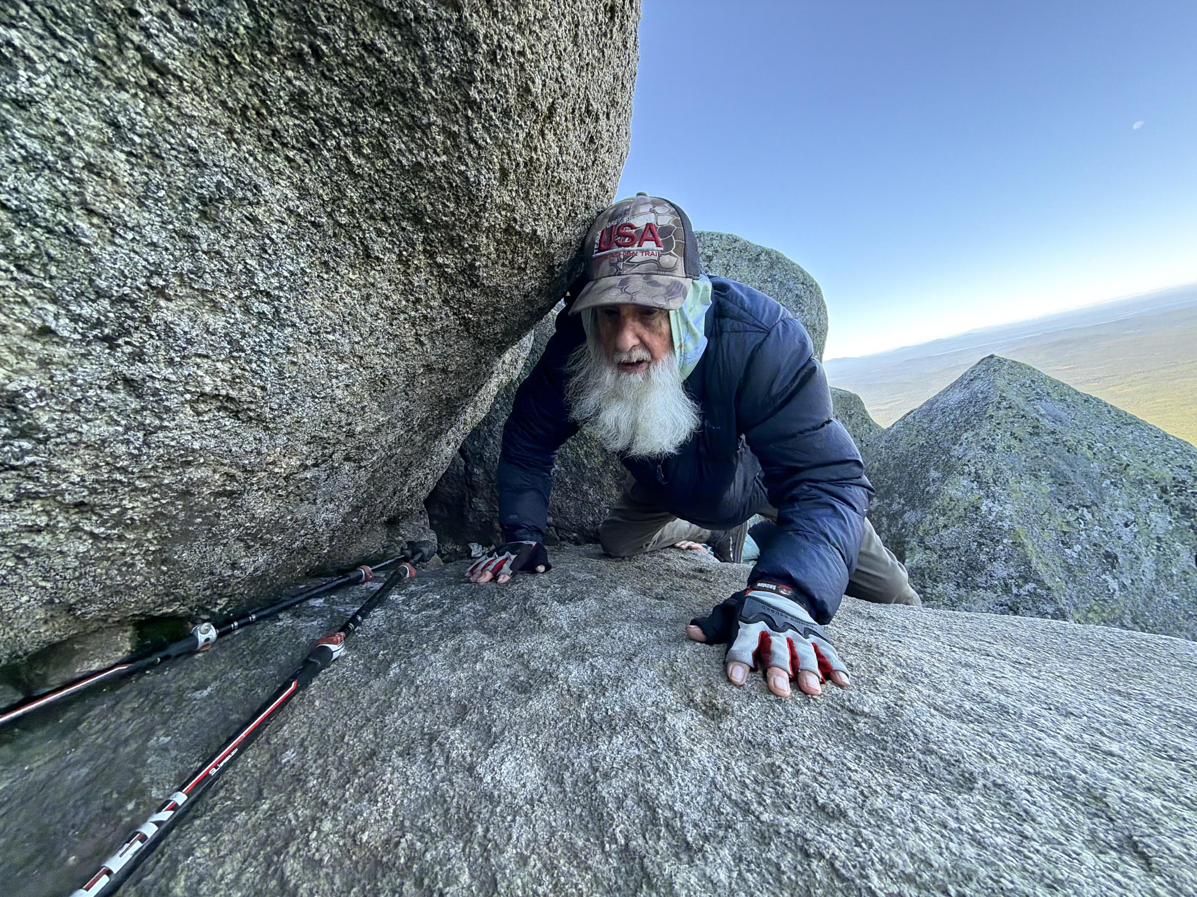 Dale Sanders, 91, climbs a section of Mt. Katahdin, Monday, Aug. 31, 2026 in Baxter State Park in Piscataquis County, Maine