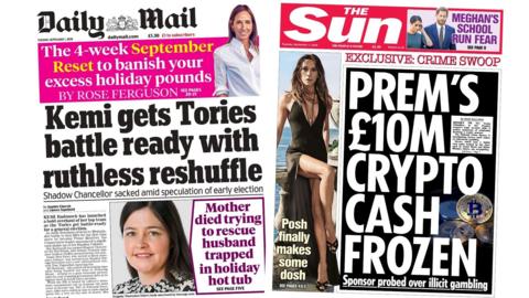 Newspaper headlines: 'Kemi gets Tories battle ready' and 'Posh makes some dosh'