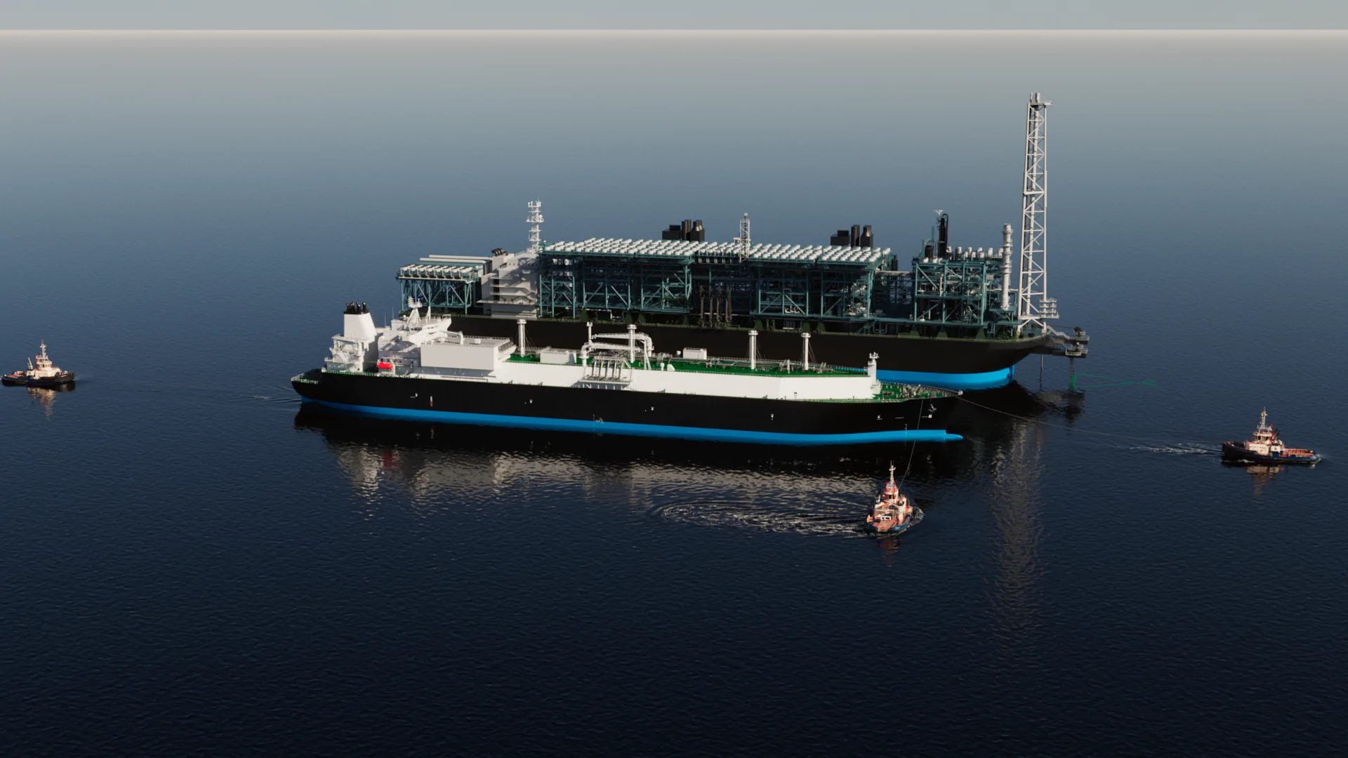 Artist's rendering of Delfin LNG's floating LNG export facility and LNG carrier operating offshore in the Gulf of America, with support vessels alongside the floating liquefaction platform.