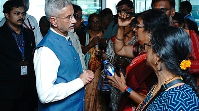 External Affairs Minister S. Jaishankar meets 21 Indian Nationals who were rescued from the Nepal floods at Delhi airport, in New Delhi on Friday. (@DrSJaishankar X/ANI Photo) External Affairs Minister S. Jaishankar meets 21 Indian Nationals who were rescued from the Nepal floods at Delhi airport, in New Delhi on Friday. (@DrSJaishankar X/ANI Photo)