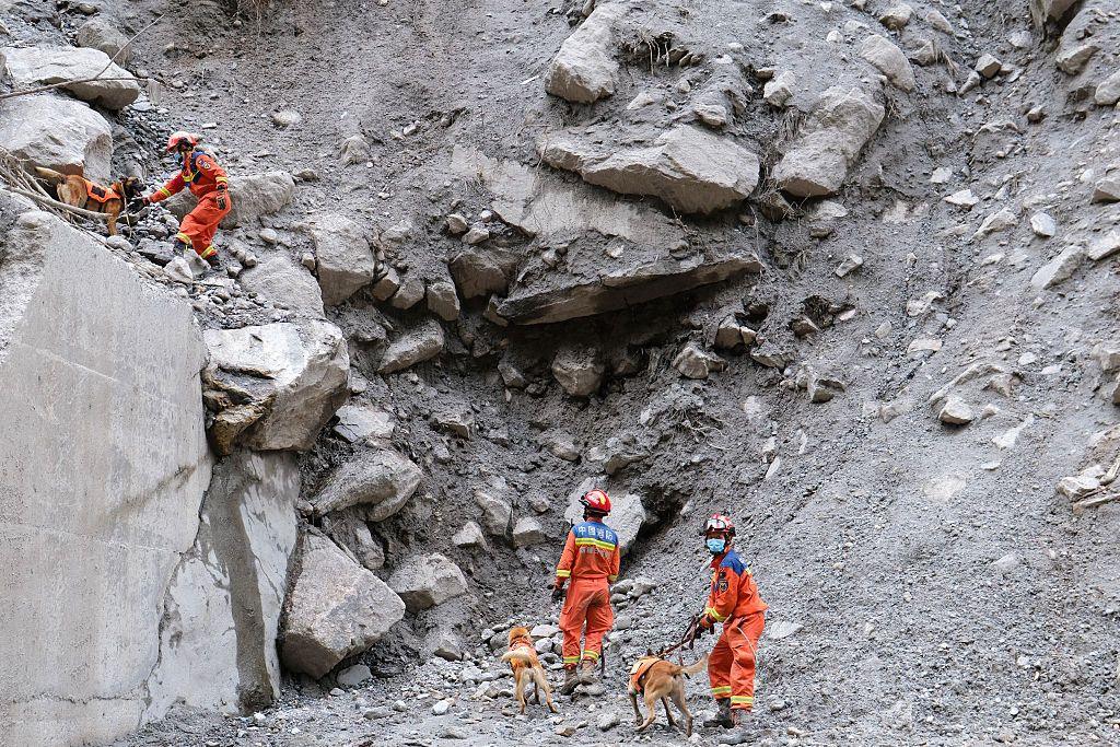 Rescuers carry out search and rescue operations at the mudslide-hit area on August 30, 2026 in Gyirong, Xizang Autonomous Region of China. 