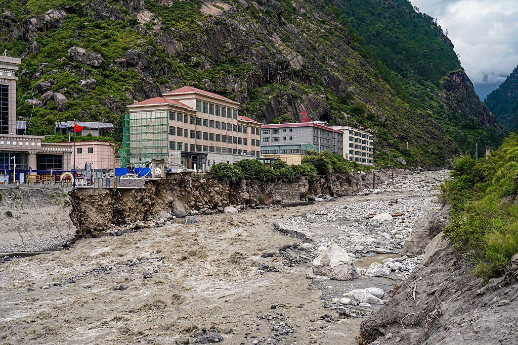 The Rasuwagadhi flood destroys a Friendship bridge, road, a hydropower substation, and sweeps away vehicles in Rasuwa, Nepal, on July 11, 2025. 