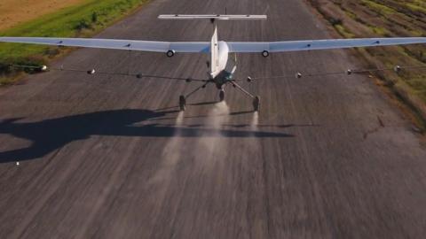 An autonomous drone takes off