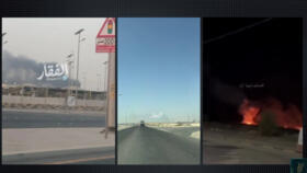 Screenshots from videos briefly showing Iranian strikes in Bahrain on July 13, 2026 (left and centre) and on July 16, 2026
