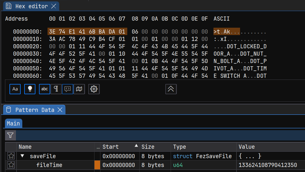 Highlighted Bytes in the Hex Editor and decoded value in the Pattern Data View