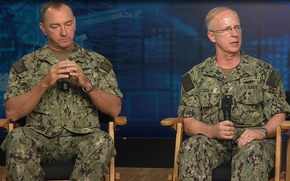 Top Navy admiral holds ‘worldwide’ town hall; sailors ask about deployments, the future, health care and haircuts A screenshot of Perryman and Caudle at the town hall.