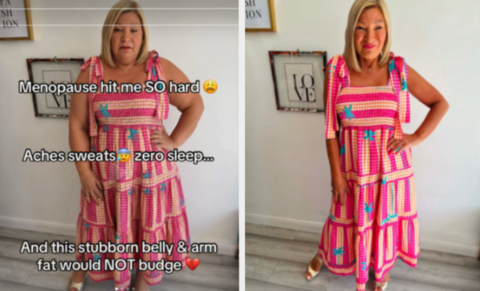 Two images of Nicola Dexter, the one of the left has been digitally altered to make her appear much heavier. The doctored image also includes annotations alluding to her having put on weight due to menopause and her expression has been changed from a smile to a frown. In both images a woman with straight blonde hair is dressed in a bright pink and peach coloured full length dress