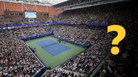 General view of the US Open with BBC Sport question graphic.