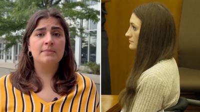 Split screen showing BBC reporter Ana Faguy outside court and Lindsay Clancy inside court.