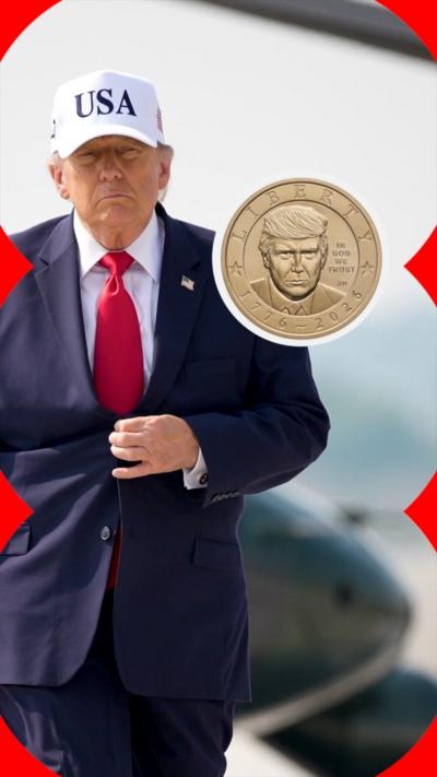 Donald Trump in a blue suit and red tie. Next to him is a picture of a coin with his face on.